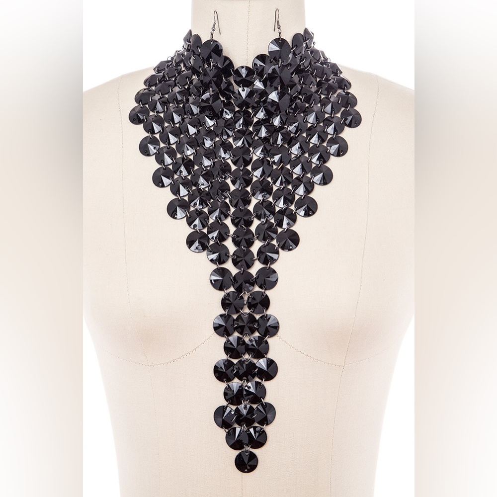 Glamorous Black Y Statement Necklace